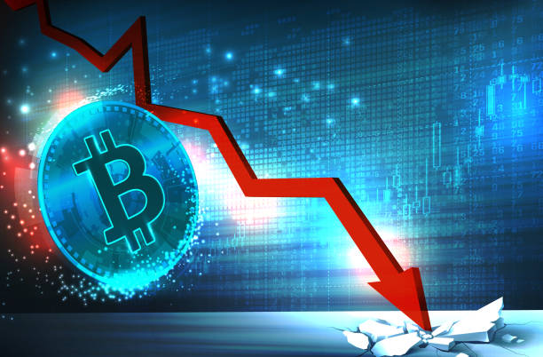 Bitcoin price fallchart with crash down arrow. (Used clipping mask)