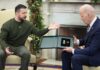 Președintele ucrainean Volodimir Zelenski i-a oferit lui Joe Biden, în timpul vizitei la Casa Albă, o cruce militară aparținând unui luptător ucrainean, căpitan pe o baterie HIMARS americană