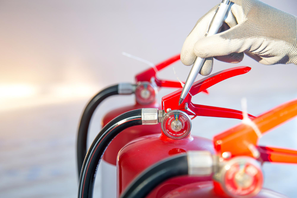 close-up-fire-extinguisher-firefighter-checking-pressure-gauge-level-protection-prevent-safety-rescue-use-equipment-fire-training-concept