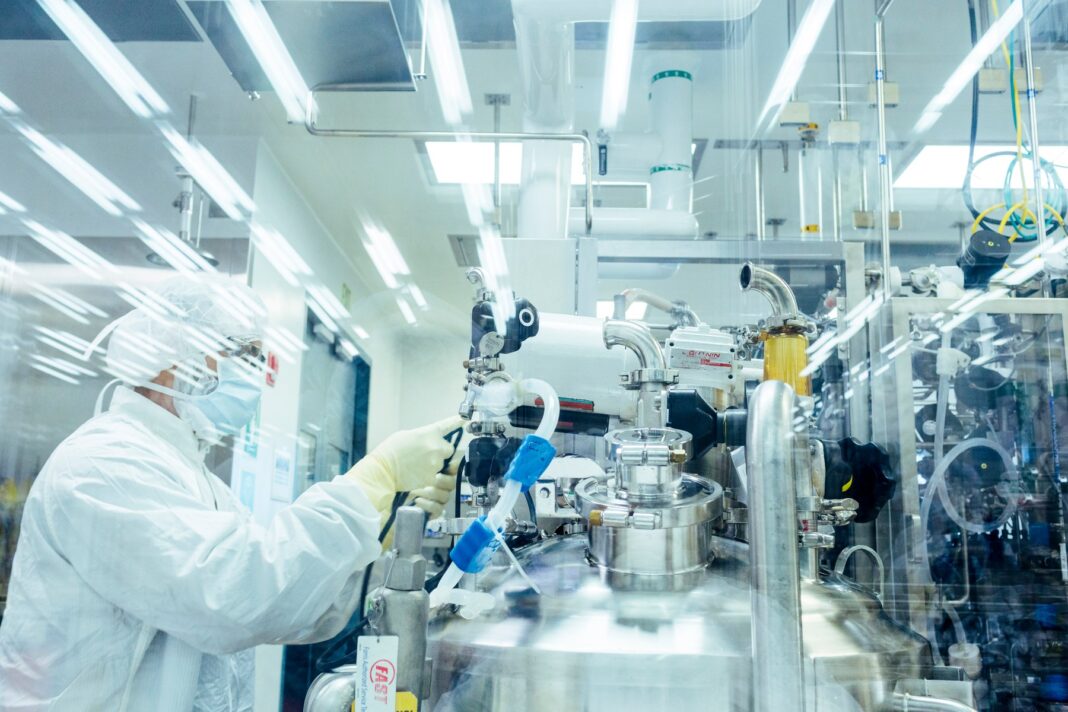 Manufacturing area at the Bayer Berkeley campus, where Kovaltry, an injection that treats hemophilia A, is manufactured.