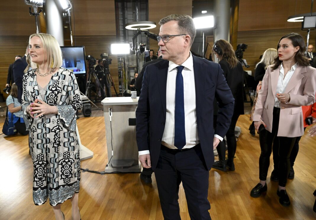 Chairperson of the Finns Party Riikka Purra (L to R), Chairperson of the National Coalition Petteri Orpo and Prime Minis