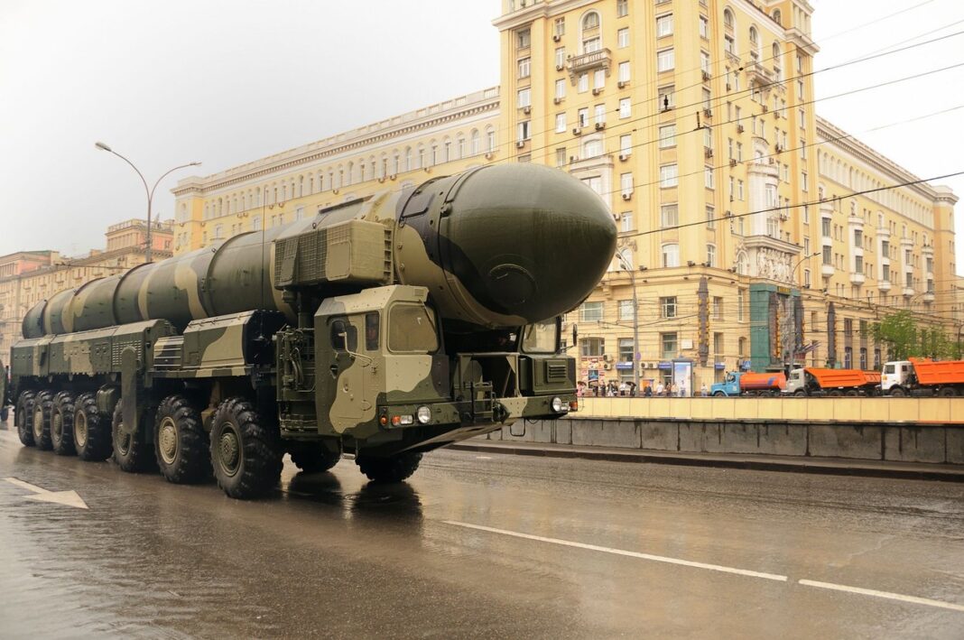 Modern ballistic nuclear rockets on rehearsal of military parade in Moscow, Russia
