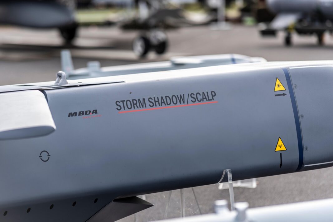 Weapons from RAF Typhoon jet fighter on display at Royal International Air Tattoo airshow, RAF Fairford, Cotswolds, UK. Storm Shadow, Scalp
