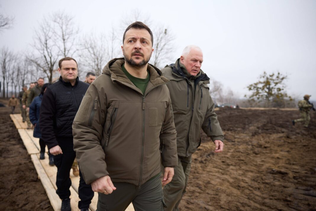Ukraine's President Volodymyr Zelensky visit the location of the 117th separate brigade of territorial defence