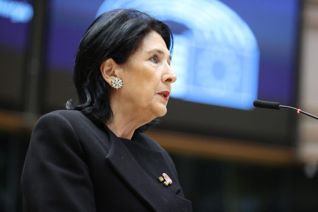 Salome Zourabichvili - Roberta Metsola attend EP Plenary Session in Brussels